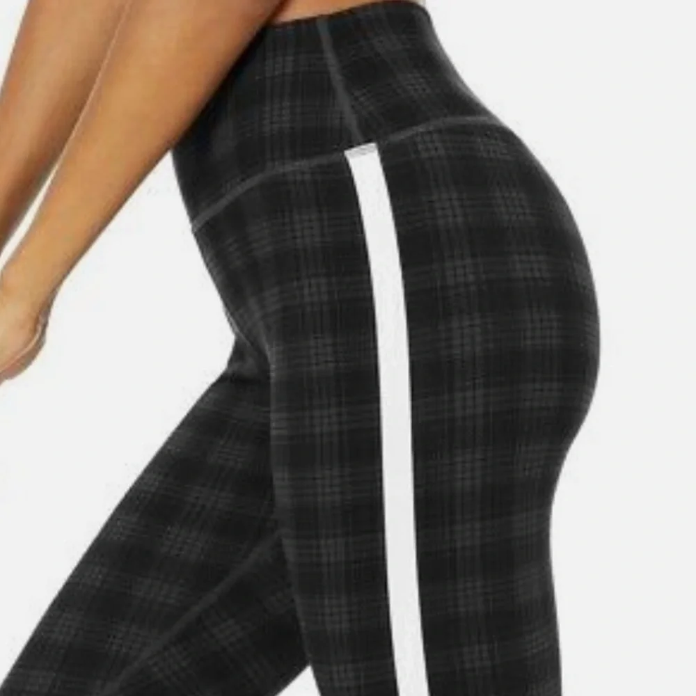 ALO Yoga Plaid High Waist Occasion Leggings,Black with White Reflective Stripe